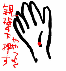 手の親指の下ふくっとふくれたところをやや強く上から真下に押してみてください。
